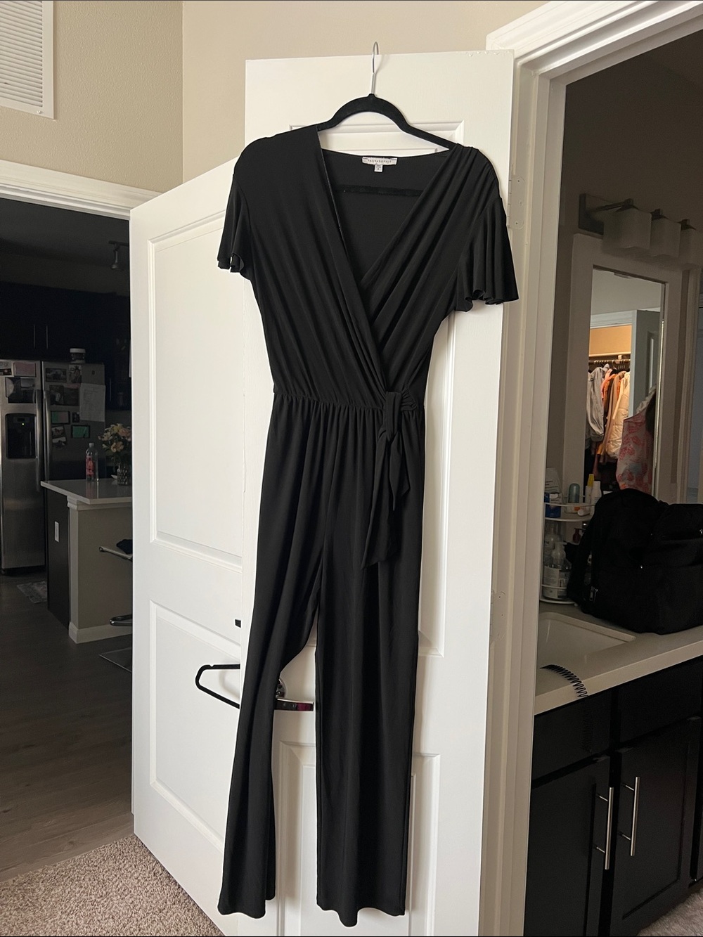 Women's Black Wrap-Front Short Sleeve Jumpsuit with Tie Waist